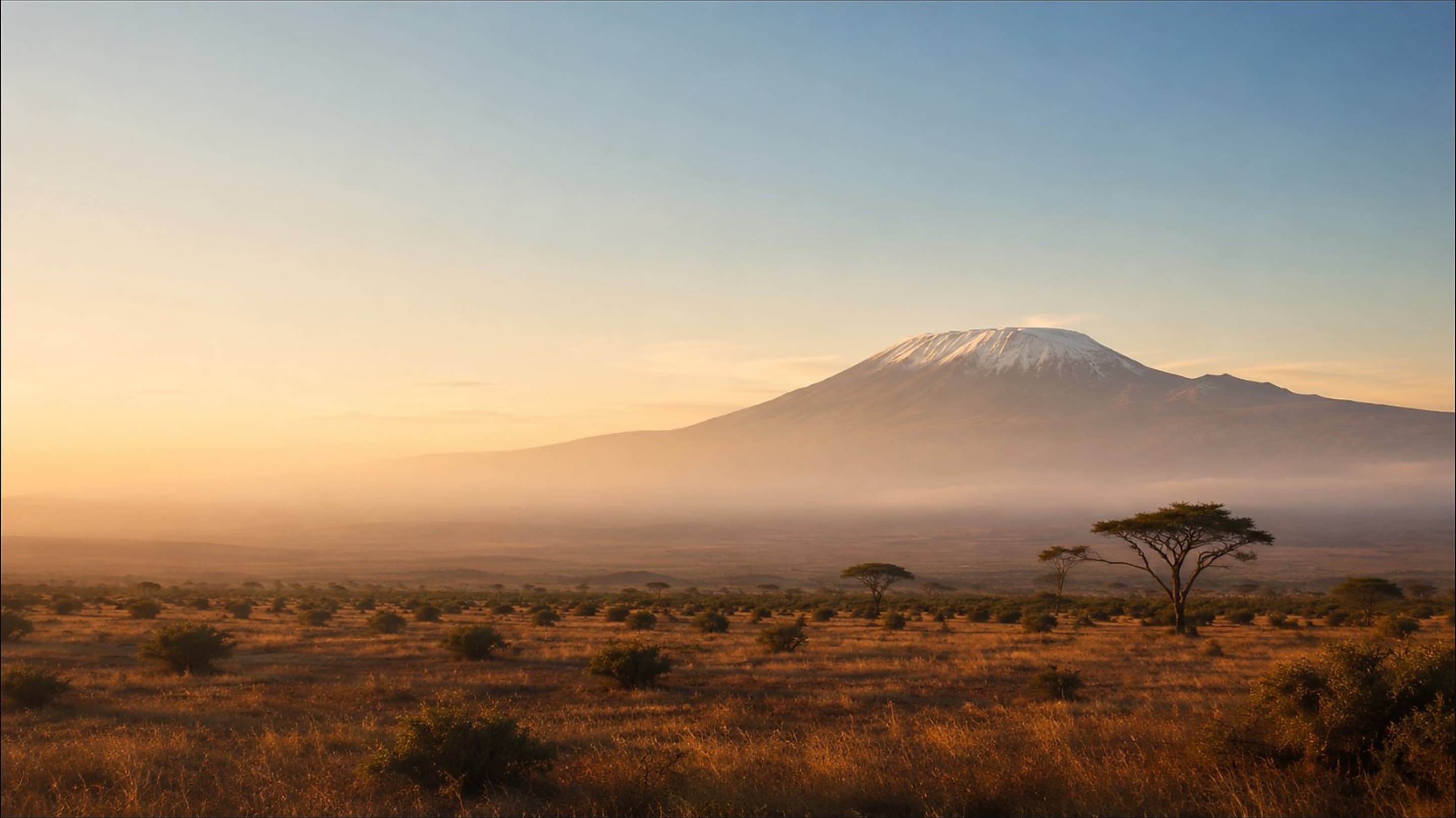 Mount Kilimanjaro at sunrise above the Tanzania savannah
